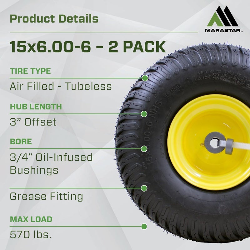 MARASTAR 21425 15x6.00-6 Tire and Wheel Assembly, Replacement Riding Lawn Mower Front Tires Compatible with 100 and 300 Series John Deere Riding Mowers, 2 pack - Image 2